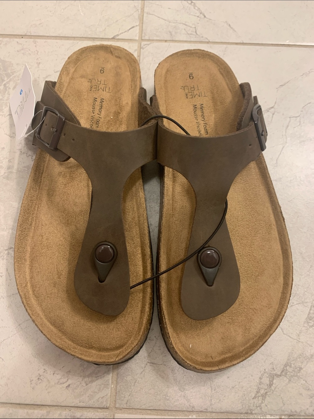 Time and Tru Brown T-Strap Buckle Toe-Post Sandals
